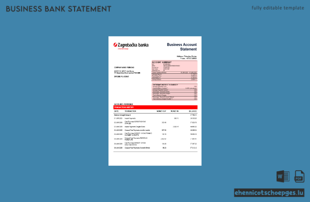 Beispielansicht eines Geschäftskontoauszugs der Croatian Zagrebacka Bank im Word- und PDF-Format